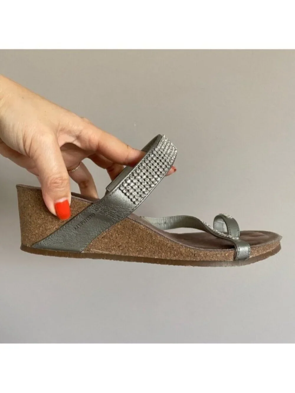Mephisto Silver Rhinestone Leather Strap Wedge Milly Sandals - 38 / 7.5-8US